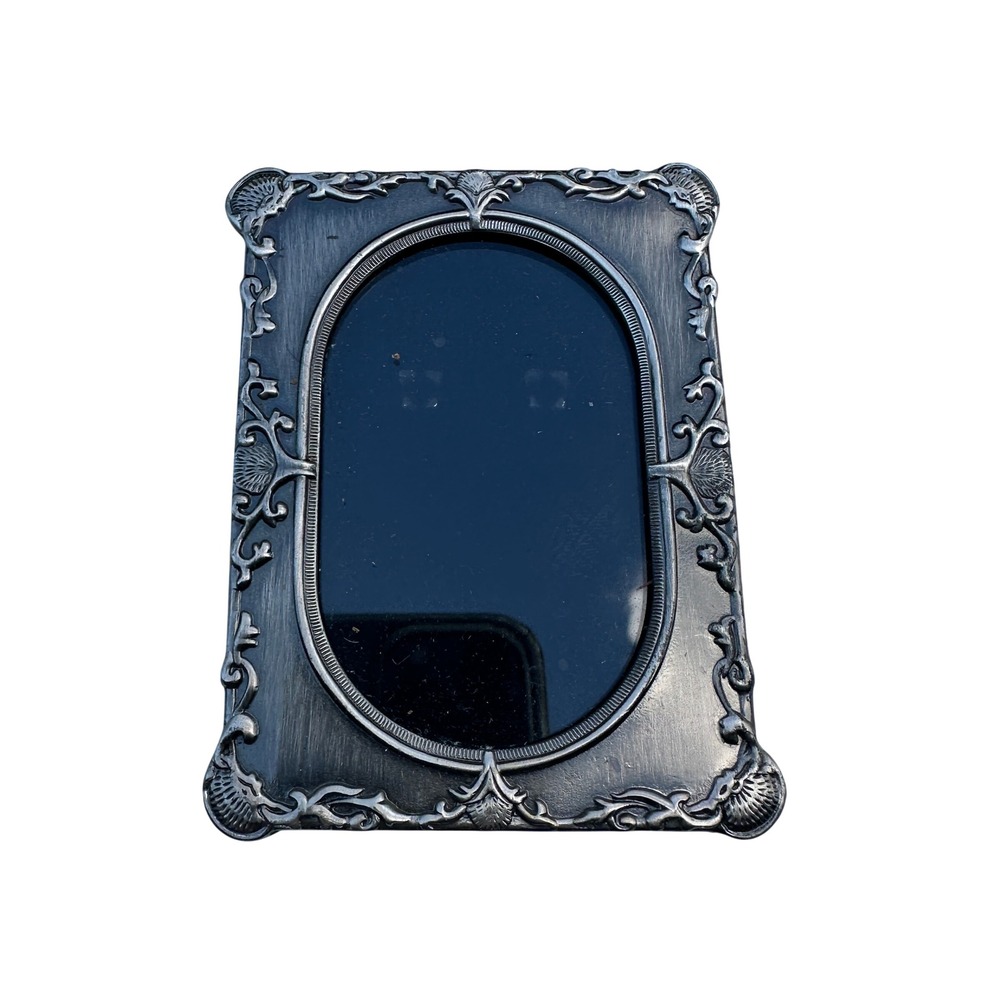 Vintage Silver Metal Picture Frame Ornate Shell Scroll Oval Opening 2.5x3.5"